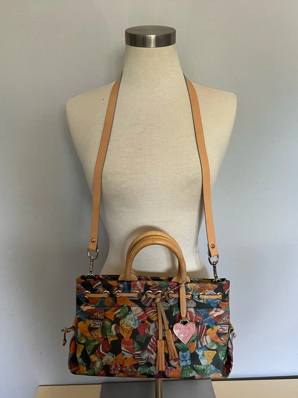 Dooney & Bourke Multicolor Printed Satchel with Tan Leather Trim